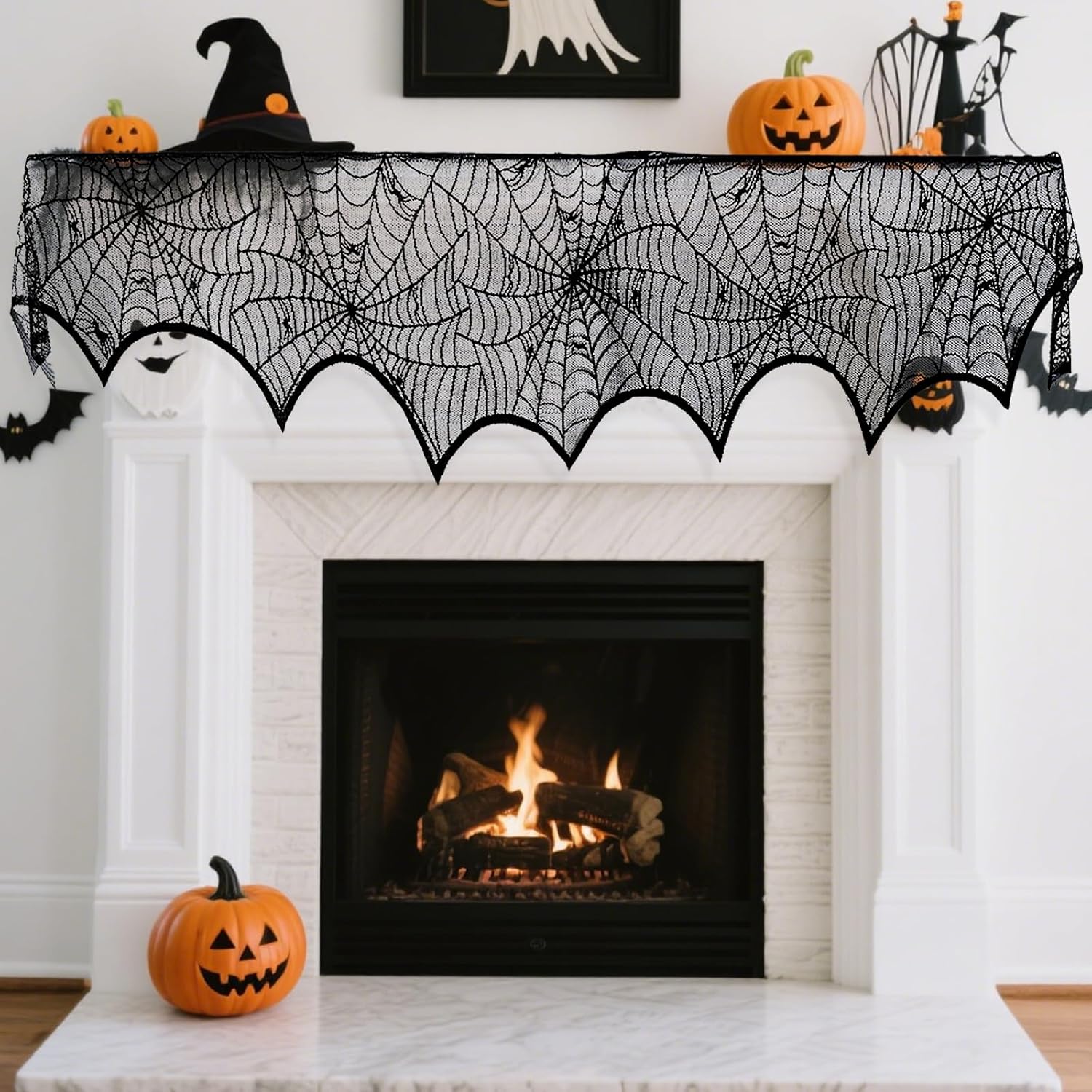 Halloween Mantle Scarf Fireplace Cover 18 x 96 inch Black Lace Cobweb Fireplace Mantle Scarf Cover for Halloween Decorations Festive Party Supplies Decor